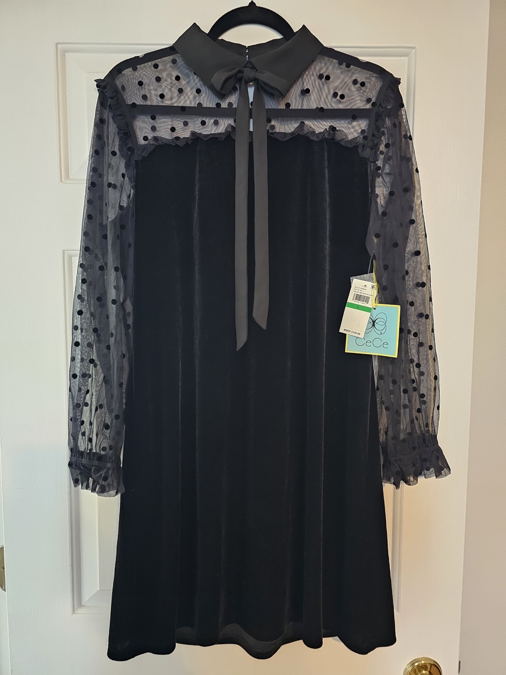 CeCe Black Velvet Dress with Sheer Polka Dot Yoke and Tie Collar